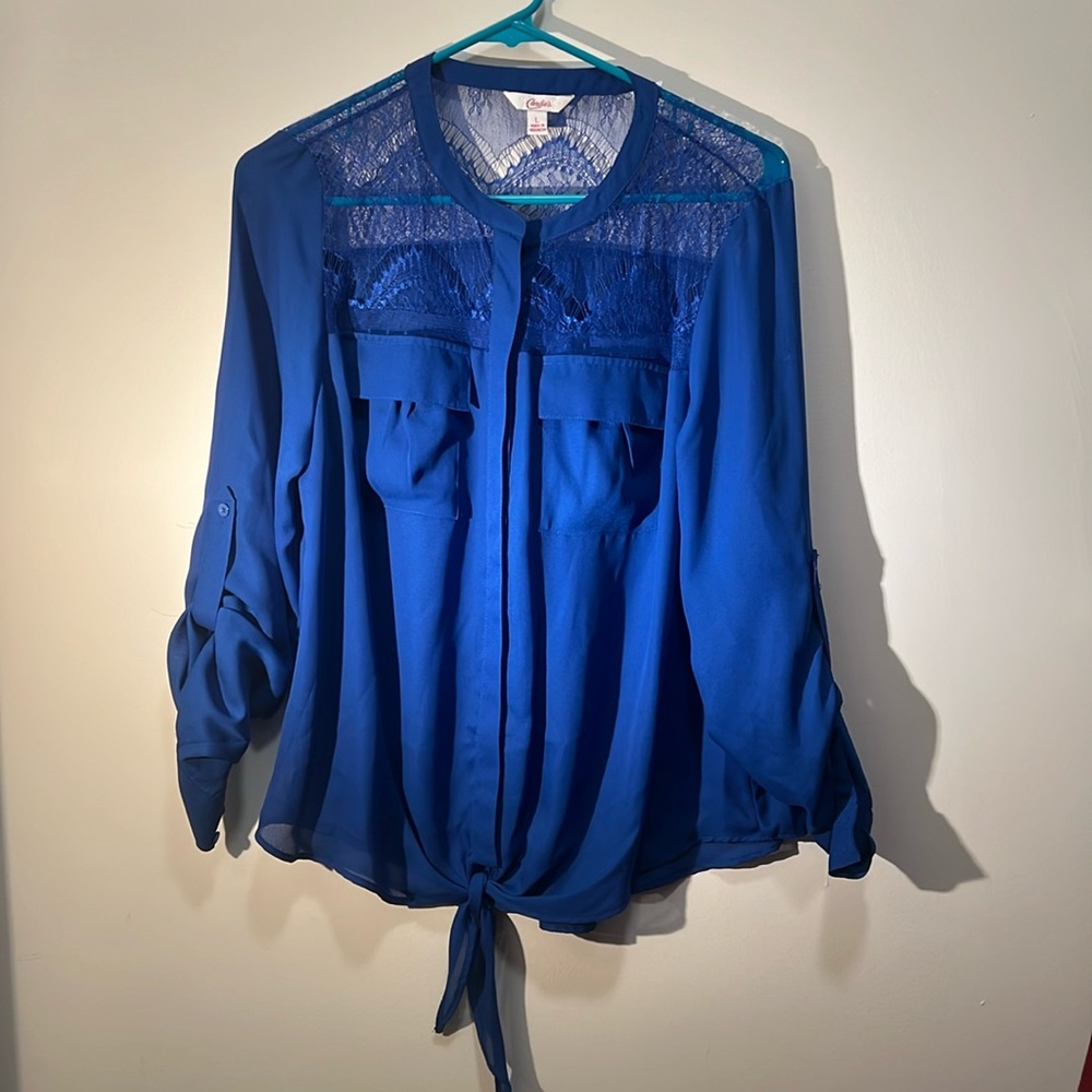 Candies Blue Blouse with Lace Shoulders, Front Tie